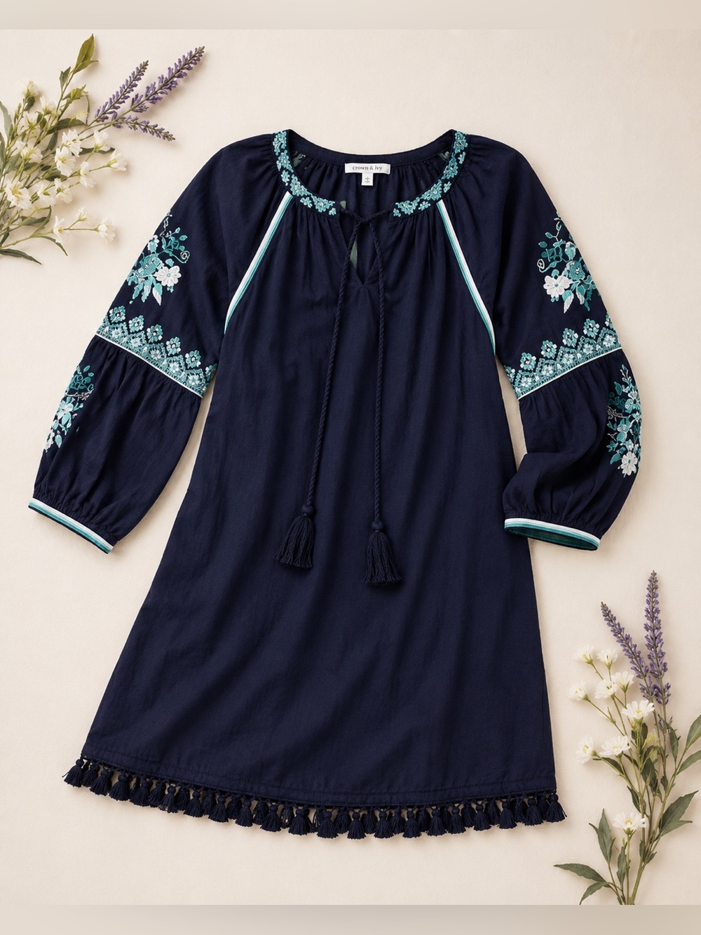 Navy Embroidered Peasant Dress with Teal Accents